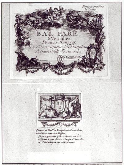 Entrance ticket for the ball in Versailles for the wedding of Monseigneur le Dauphin, 9th February 1747 and Ex Libris with arms of Madame de Pompadour by Charles Nicolas II Cochin